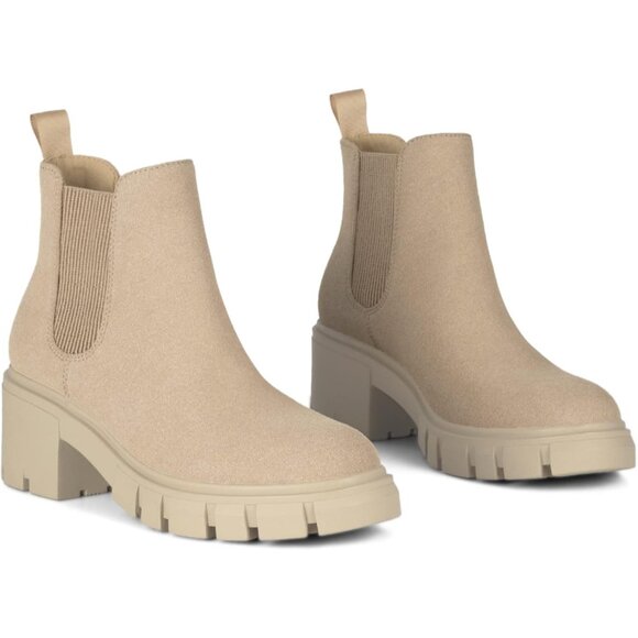 Women's Chelsea Nude Boots Fashion Lug Sole Chunky Heel Slip On Ankle Booties - Picture 5 of 6